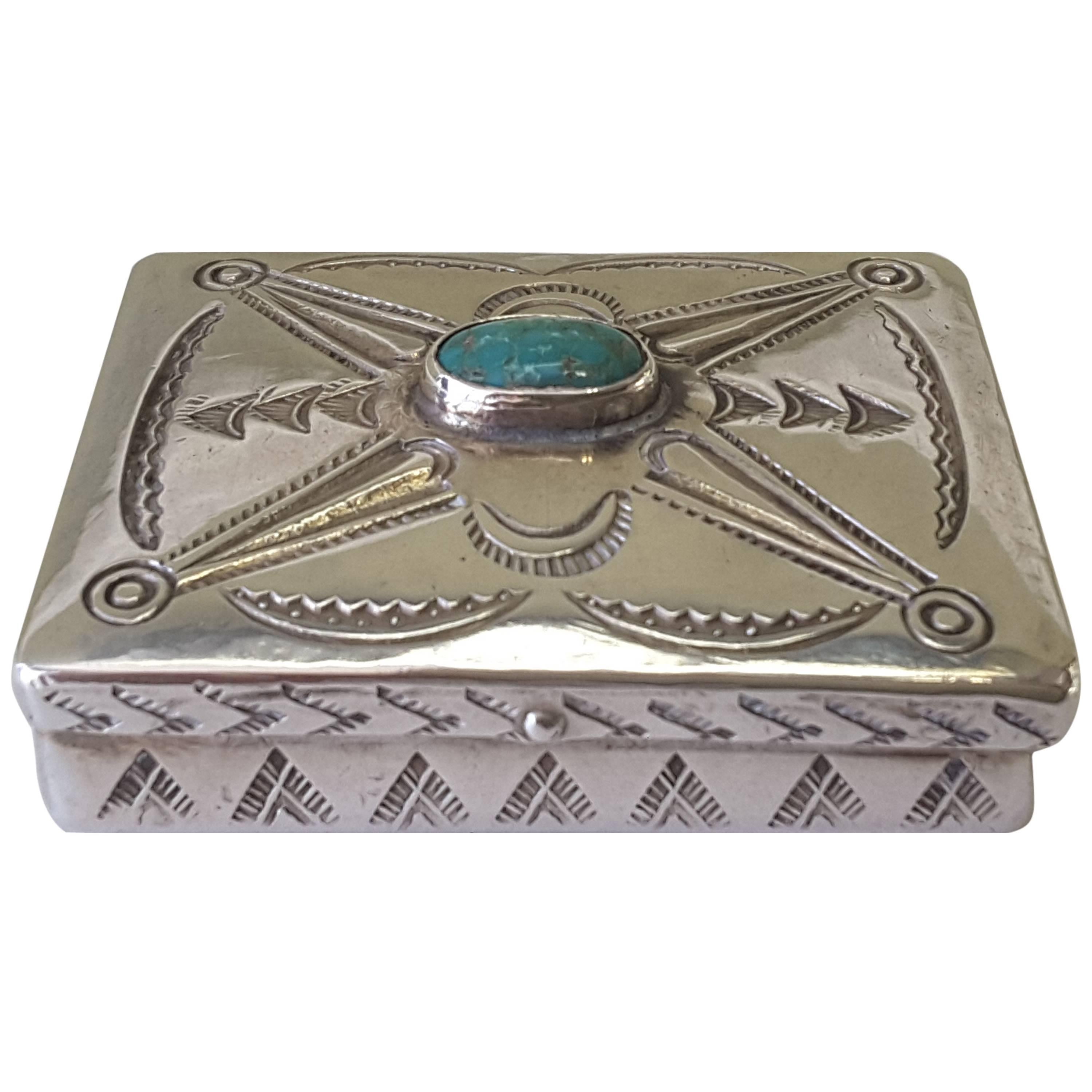 Miniature .925 Silver and Turquoise Navajo Trinket Box, Typical Navajo  Design