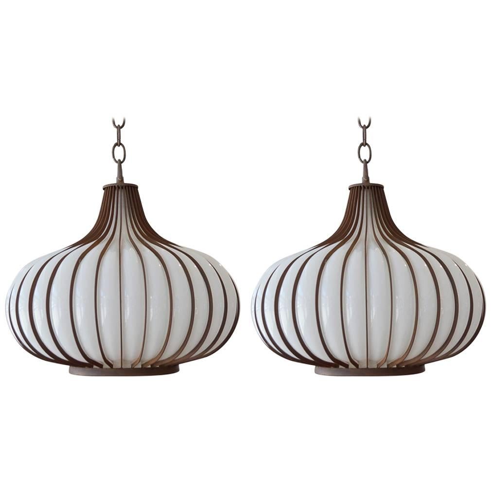 Pair of Blown Glass and Metal Onion Form Lamps at 1stDibs