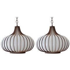 Pair of Blown Glass and Metal Onion Form Lamps