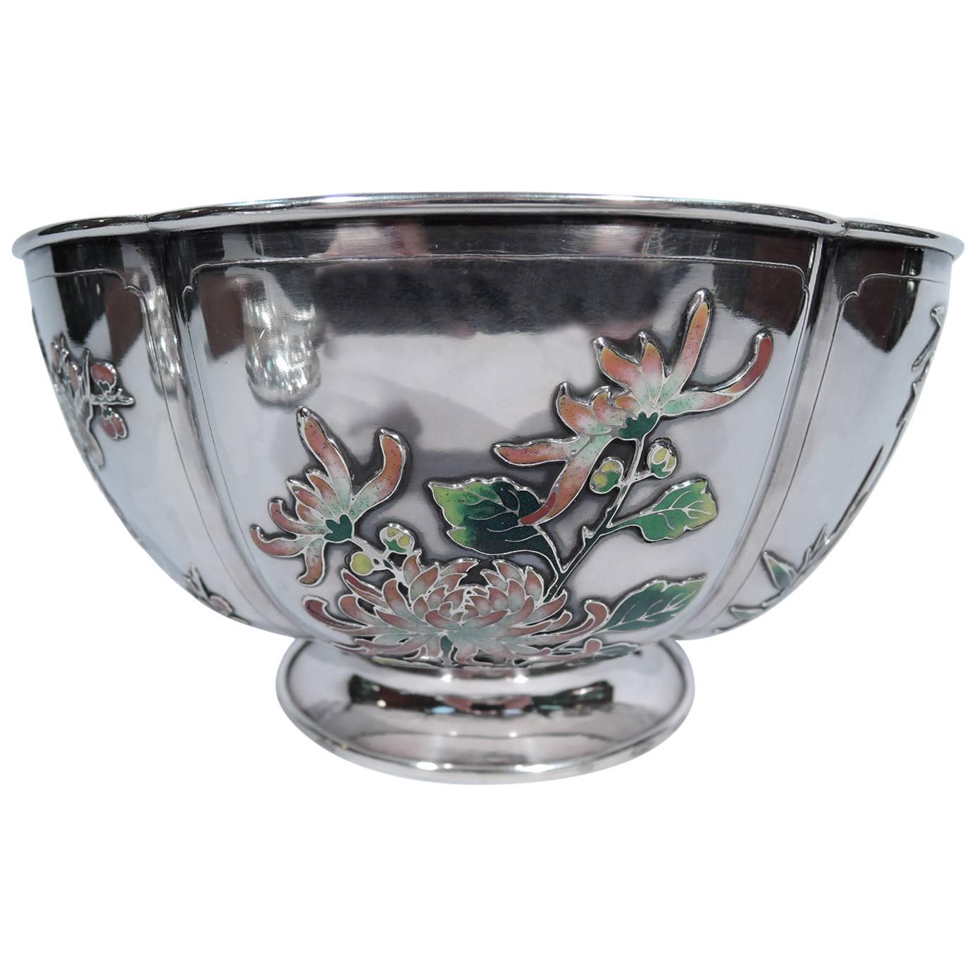 Rare Chinese Silver and Enamel Bowl with Bamboo and Chrysanthemum