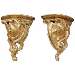 Antique Pair of Italian Gilt Carved Wood Demilune Acanthus Wall Brackets, Circa 1800