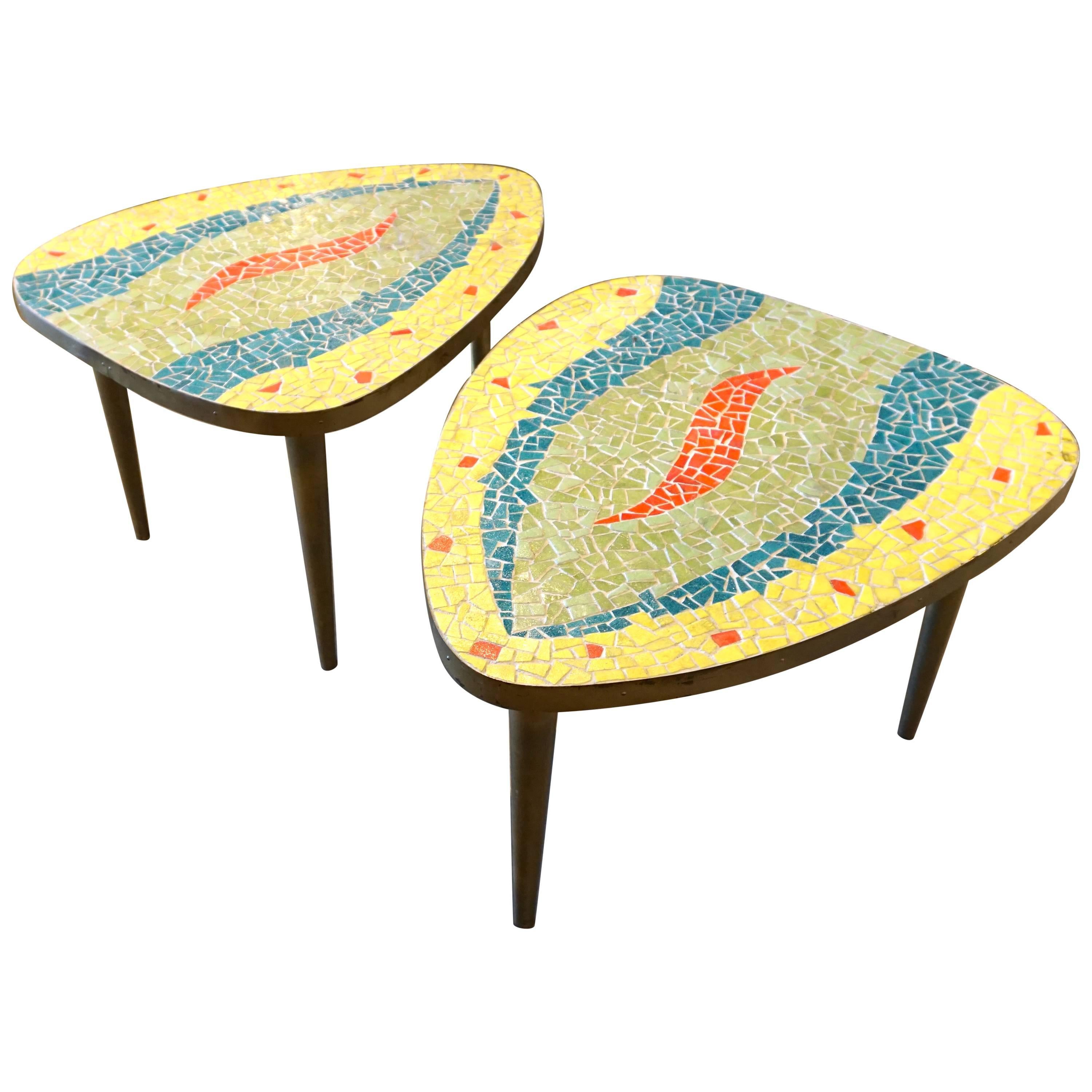 Whimsical Pair of Glass Mosaic-Topped Mid Century Occasional Tables  C.1960s