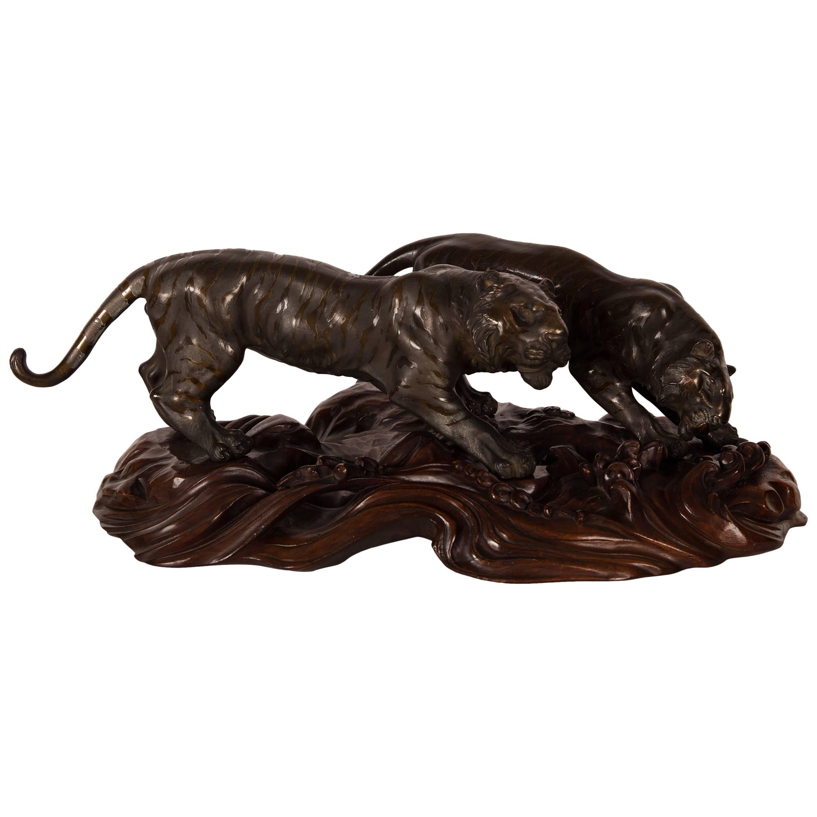 Meiji Period Japanese Bronze of Two Preying Tigers For Sale