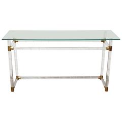 Two Charles Hollis Jones Mid-Century Modern Bamboo Lucite & Brass Console Table