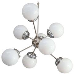 Mid-Century Modern Argetinian 8 White Globe and Chrome Sputnik Chandelier 9