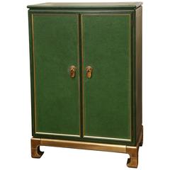 Signed Mastercraft Hollywood Glam Lacquered Brass and Emerald Leather Cabinet