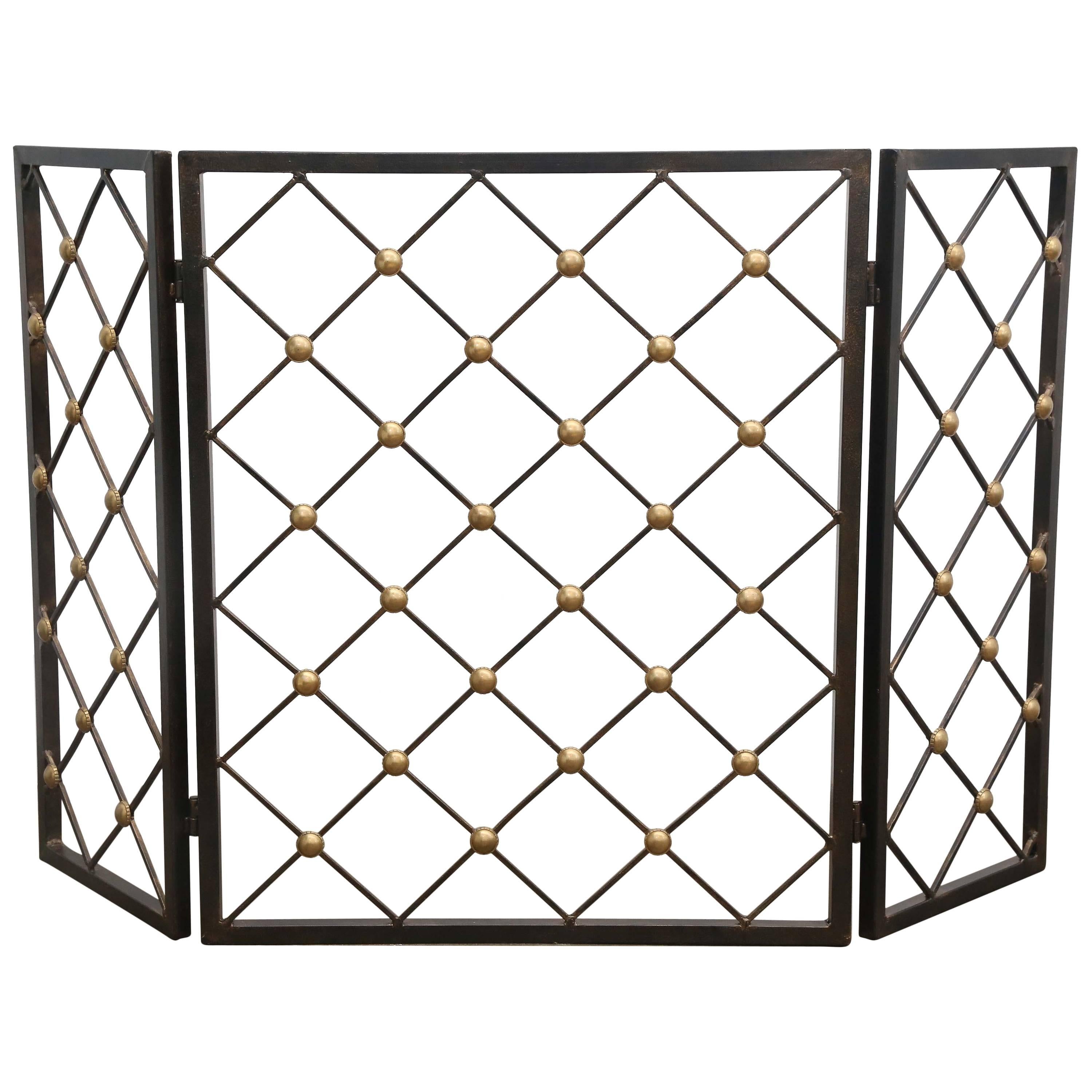 Jean Royere Style Wrought Iron and Brass "Tour Eiffel" Folding Fire Screen