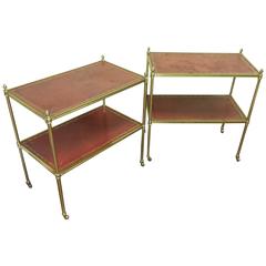 Maison Baguès Pair of Side Tables with Two Leather Top Shelves and Acorn Finials