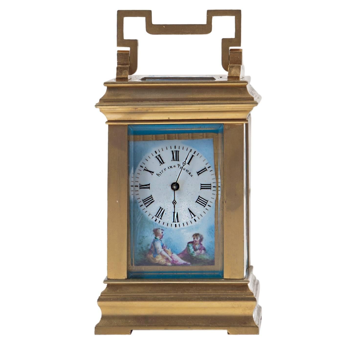 Charming French Small Carriage Clock with "Sevres" Attributed Panels, circa 1900 For Sale