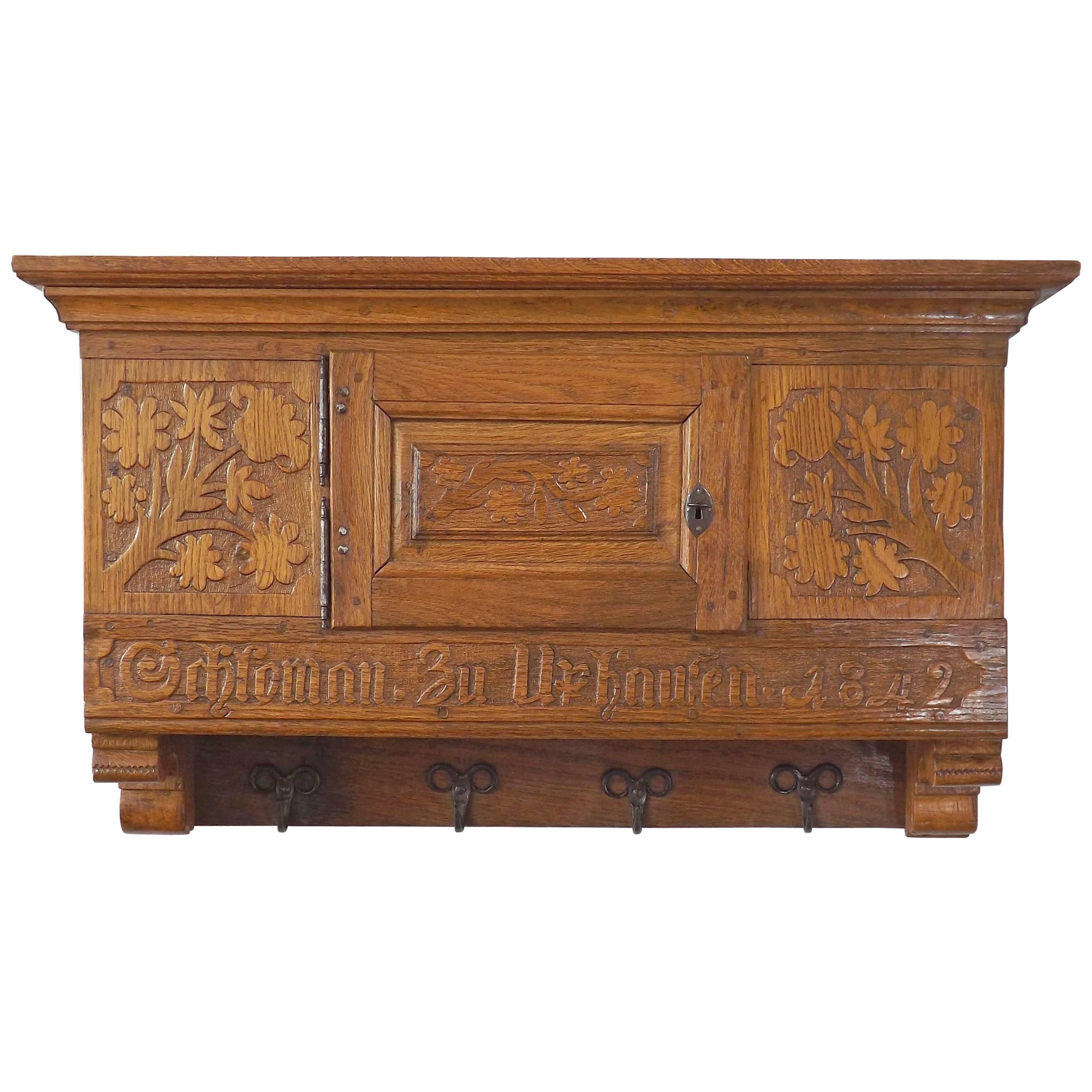 Carved German Coatrack with Wall Storage Dated 1842
