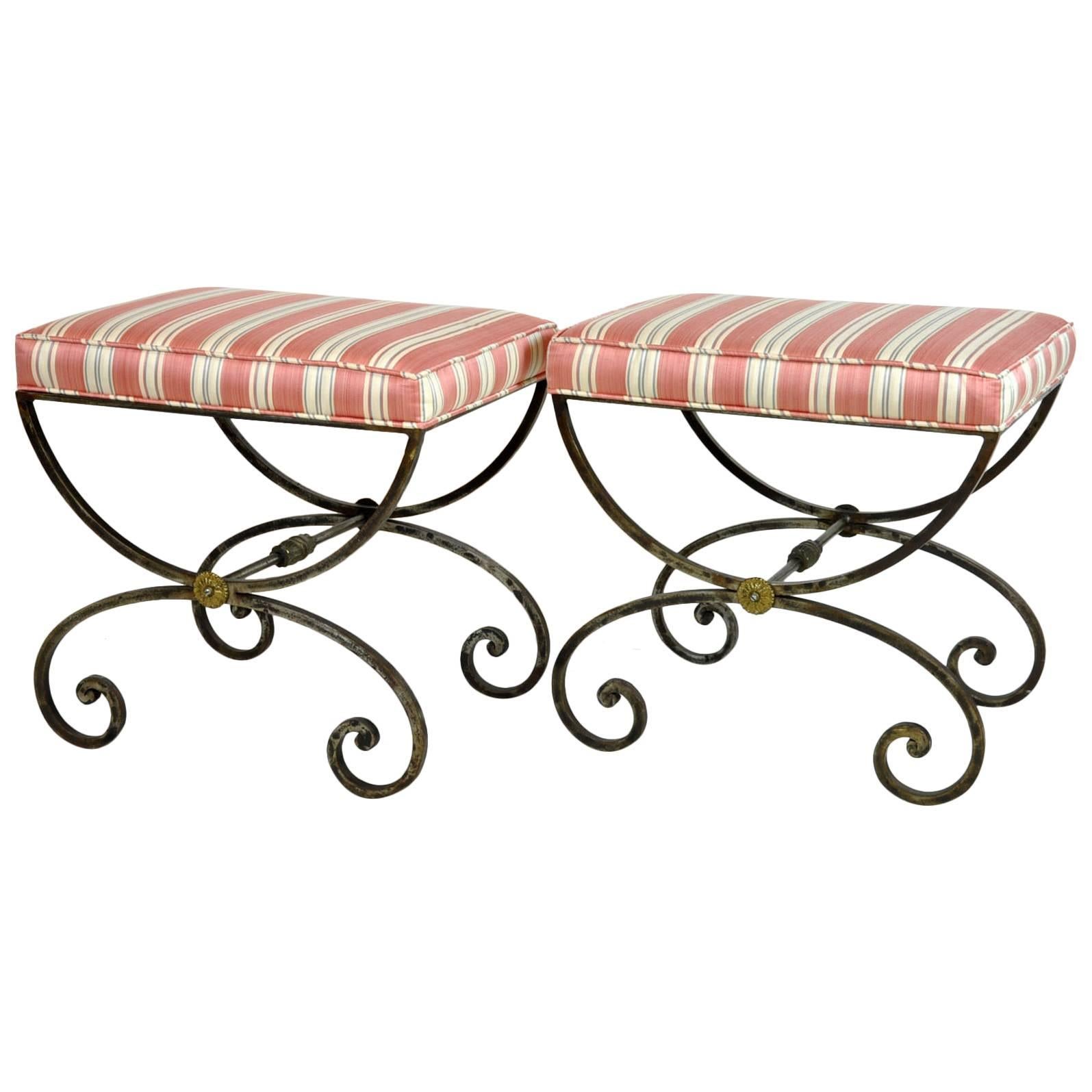 Pair of Wrought Iron and Brass Vintage Benches
