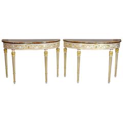 Pair of Italian Louis XVI Style Marble-Top Consoles with Partial Paint and Gilt