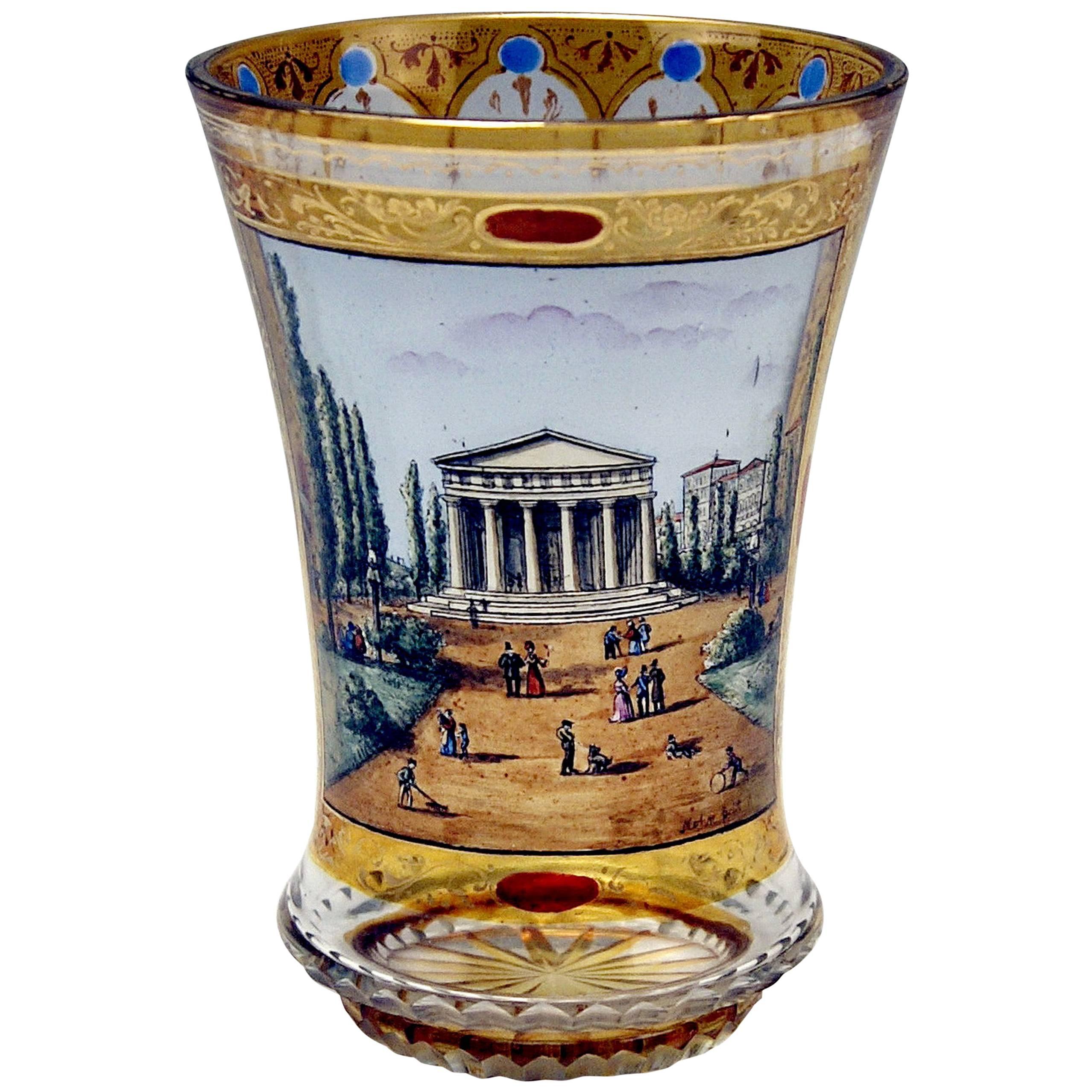 Glass Painted Biedermeier Beaker Theseus Temple Vienna Follower G.Mohn / c.1840
