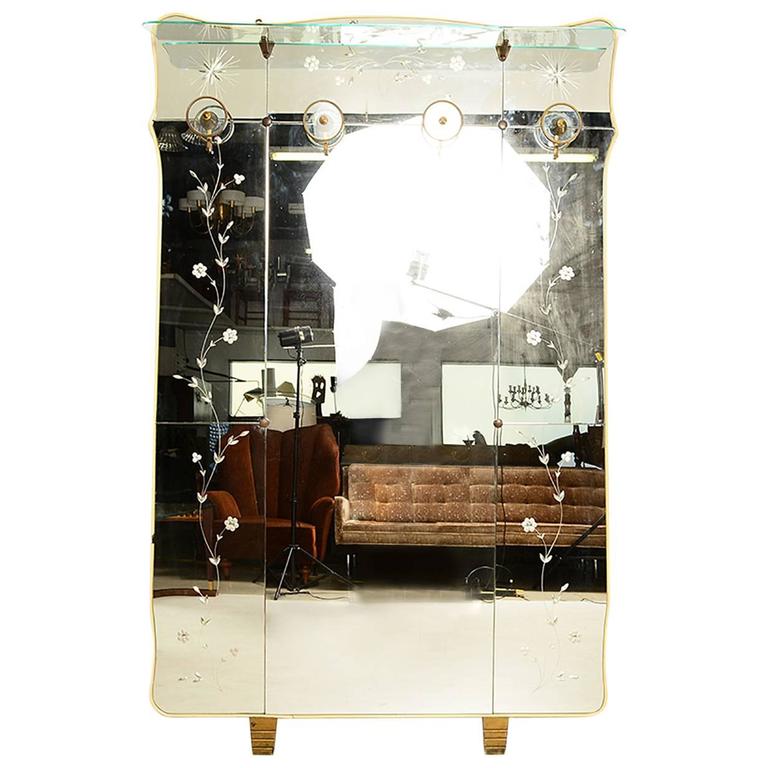 Vintage Italian Full Length Mirror with Shelve and Hooks after Fontana