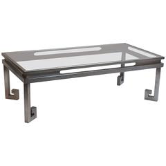 Large French Cocktail Table of Brushed Steel and Smoked Glass, Greek Key 12