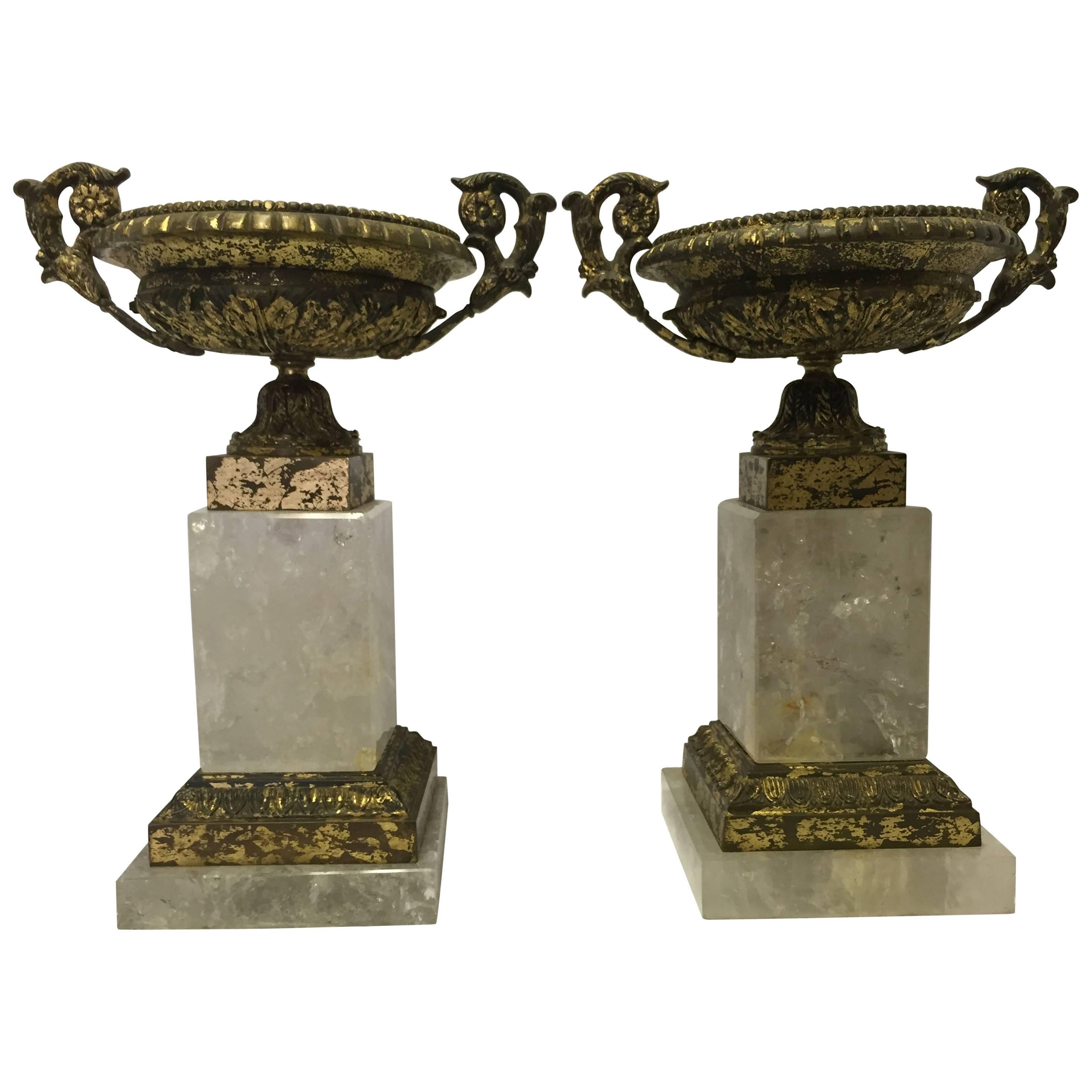 Italian Neoclassical Style Pair of Rock Crystal and Bronze Tazzas For Sale