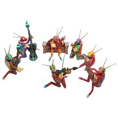 21st Century Set of Seven Hand-Carved Wood Alebrijes Grasshoppers Music Band