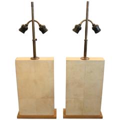 Pair of Jacques Adnet Parchment and Oak Table Lamps, France, circa 1930