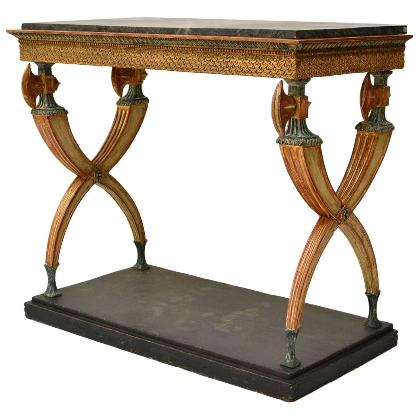 Swedish Empire Gilded and Patinated Wood Console Table with a Marble Top
