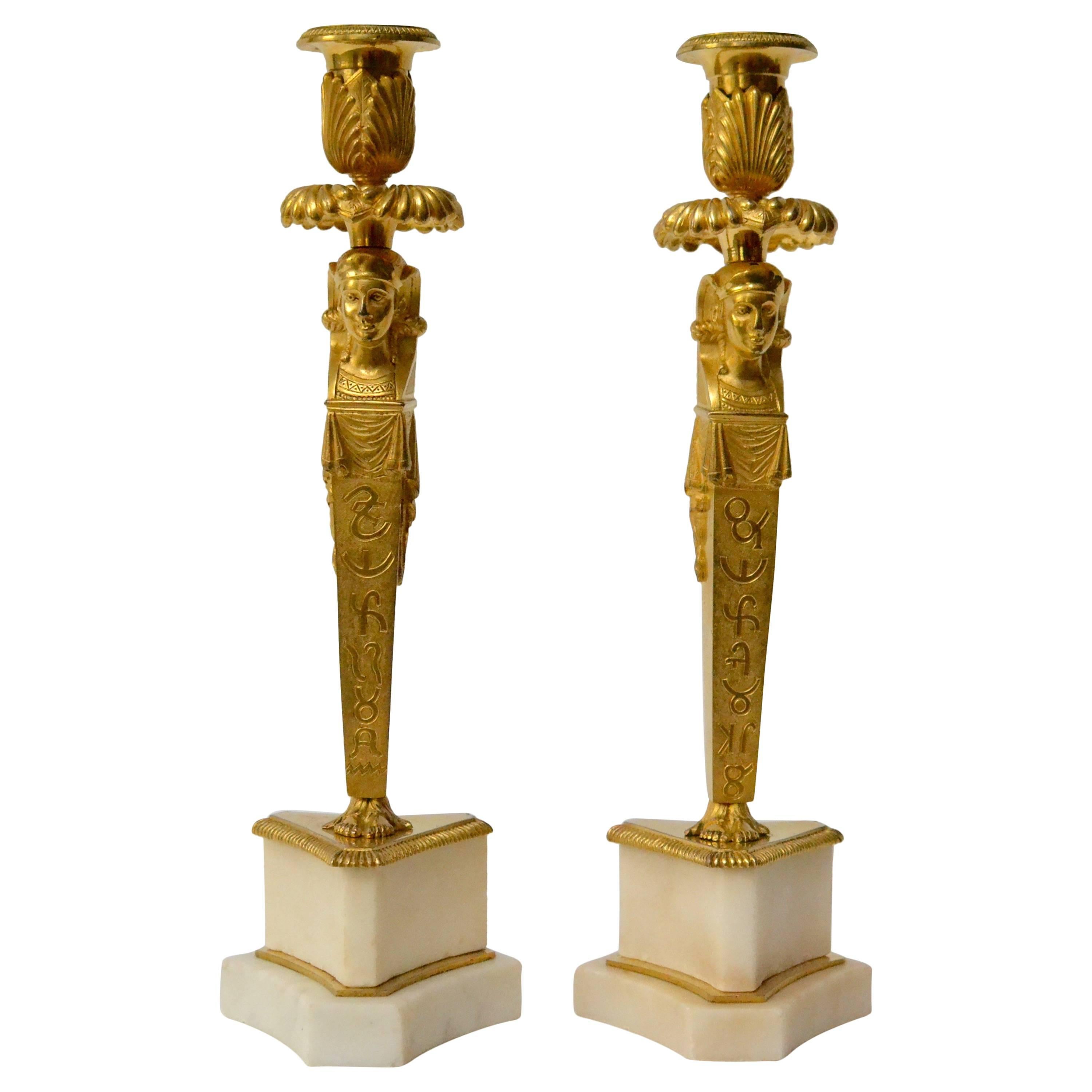 Rare Pair of Empire Gilt Bronze and Marble Candlesticks