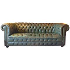 Antique Style Chesterfield Sofa Green Leather Button-Back Battered