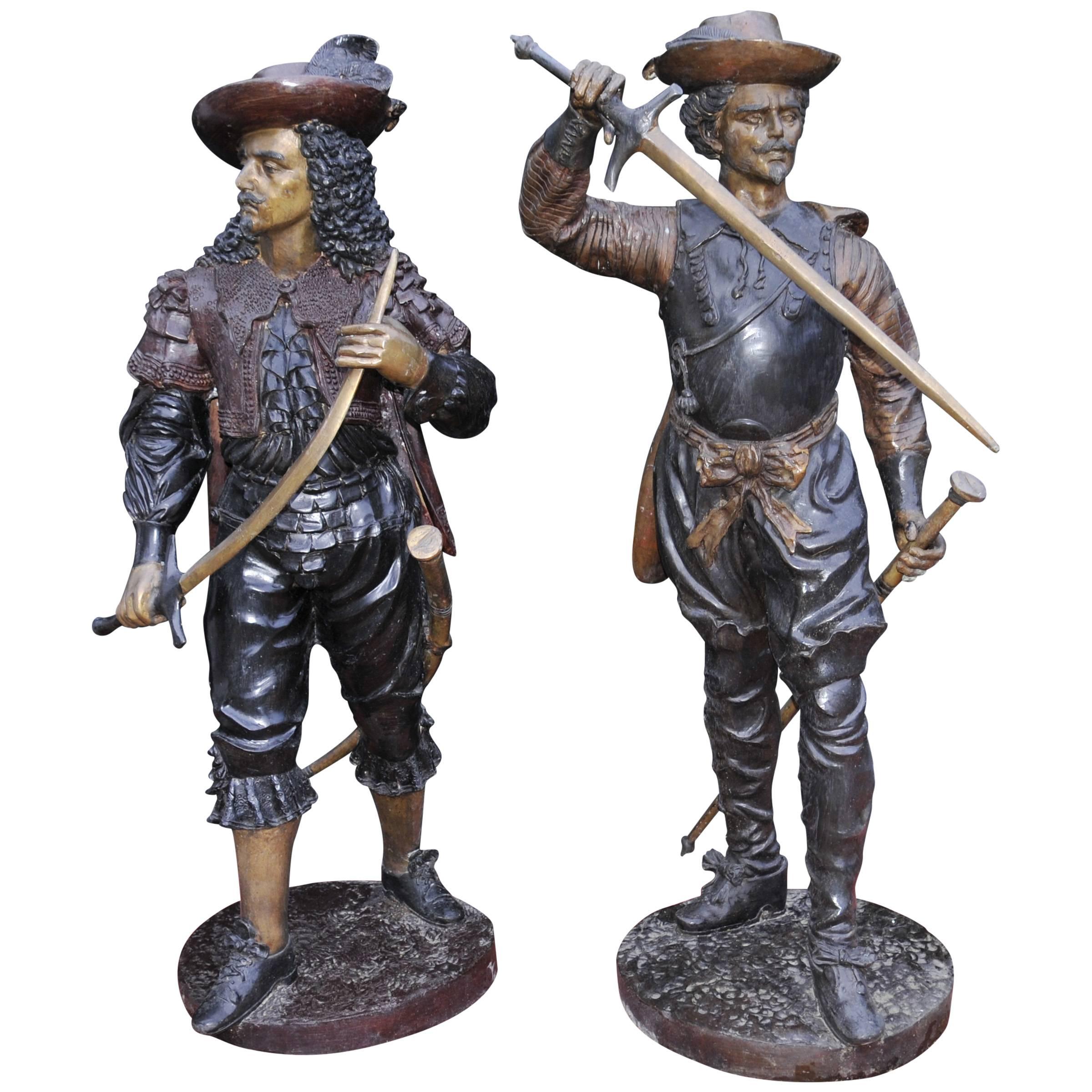 Pair of English Bronze Cavalier Soldiers Charles I Statues For Sale