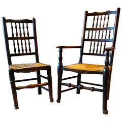 Antique Pair of Chairs Farmhouse Rush Seat, 19th Century Solid Oak
