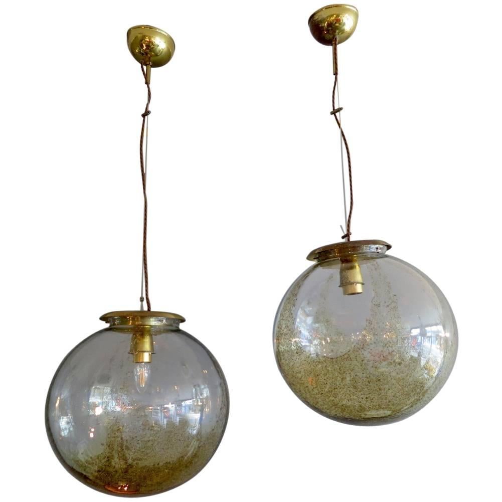 Pair of Murano Glass Globe Pendants Attributed to La Murrina