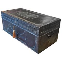 Antique Travel Trunk Chest Coffee Table Leather Brass Studded, 19th Century