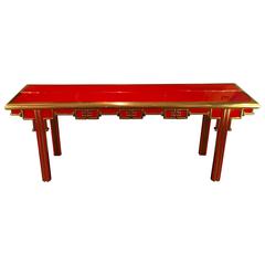 Mastercraft Oriental Red Lacquer and Brass Console Table