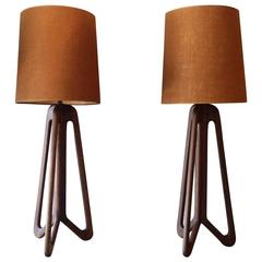 Solid Walnut Butterfly Table Lamps with Grasscloth Shades