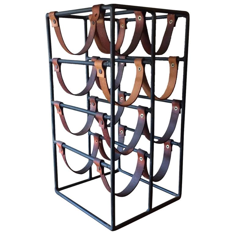 Arthur Umanoff Wrought Iron and Leather Strap Wine Rack at 1stDibs