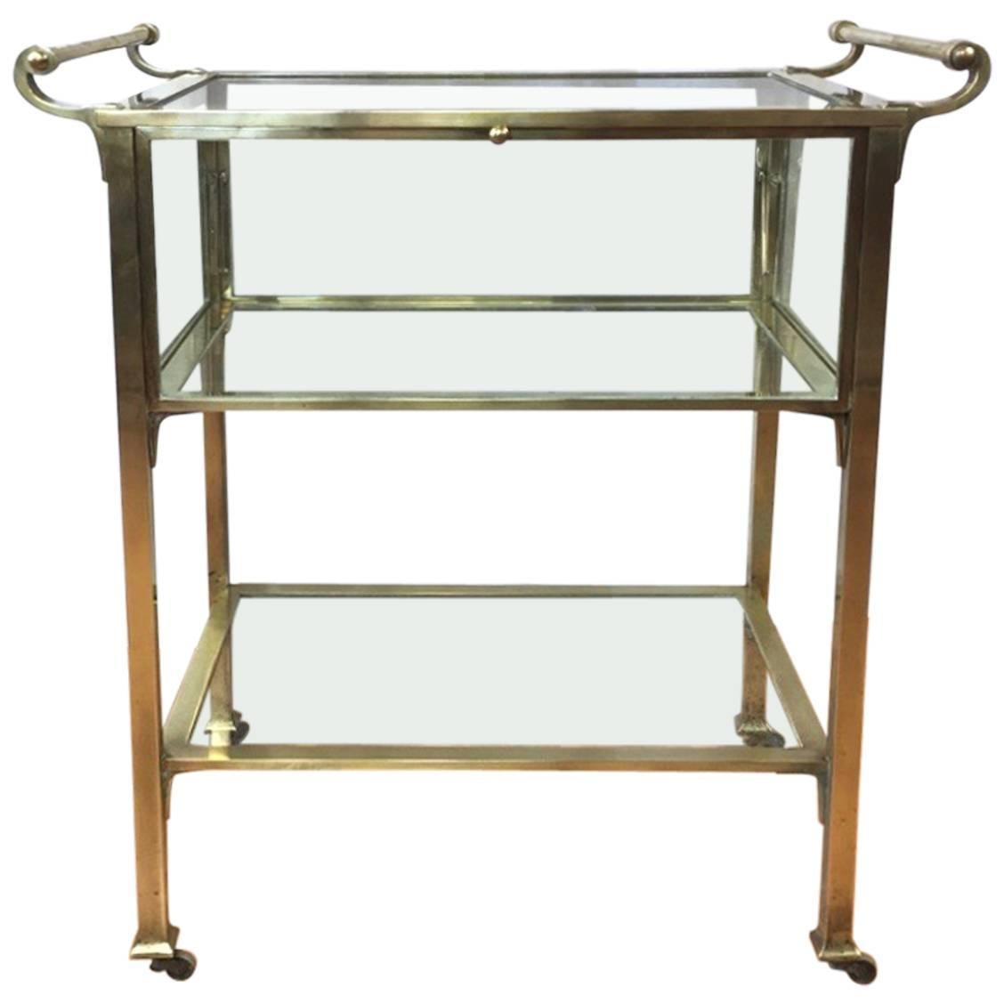 Hollywood Regency Brass and Glass Vitrine-Top Cocktail Cart or Server