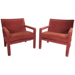 1970s Carmine-Orange Corduroy Armchairs in the Style of Milo Baughman