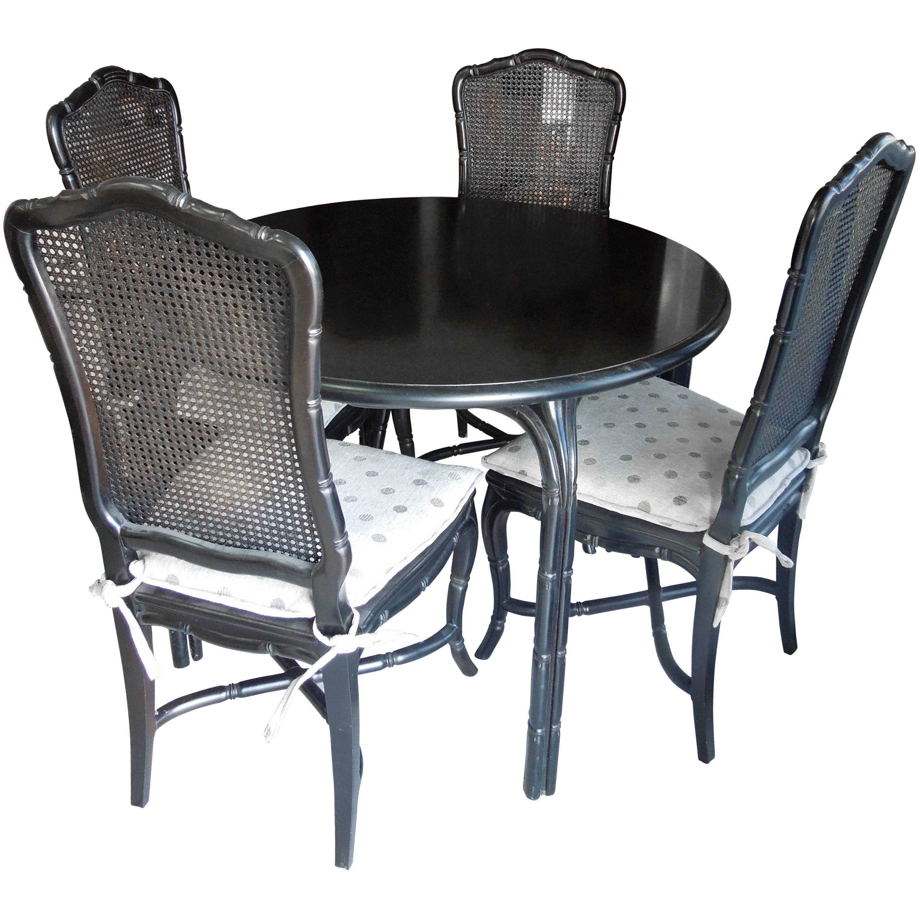 Vintage Hollywood Regency Black Round Dining or Game Table and Four Chairs Set