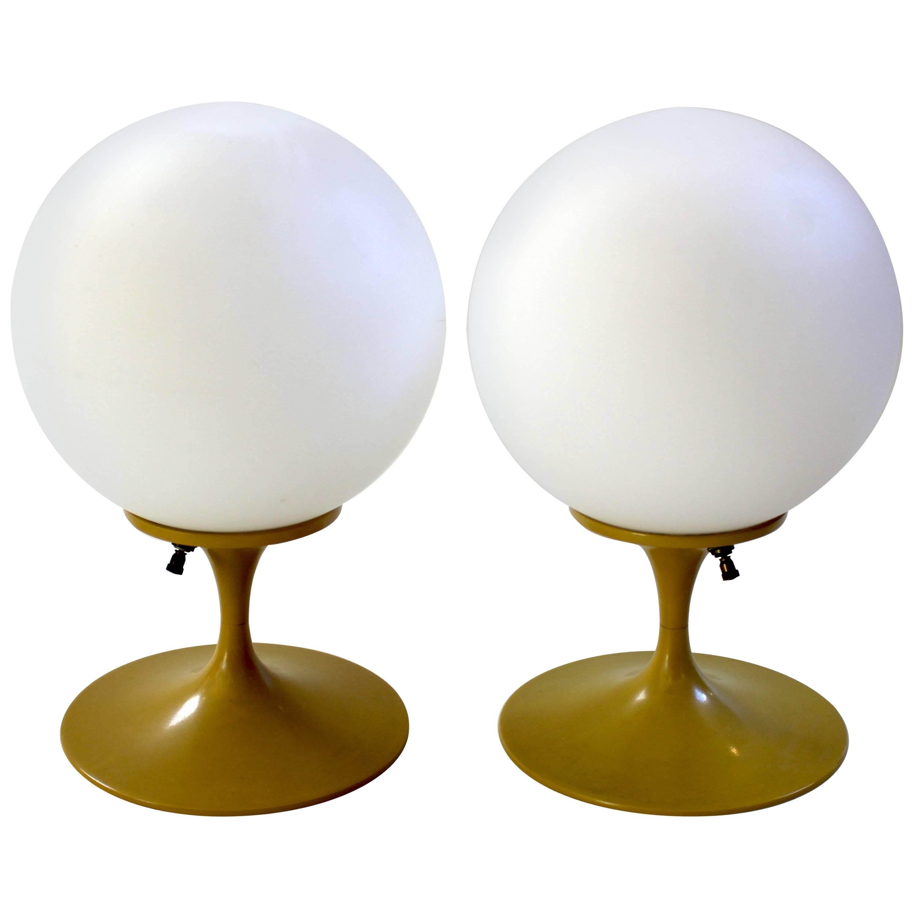 Pair of 1960s Laurel Tulip Lamps with Original Globes and Rare Mustard Bases