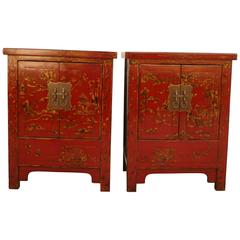 Pair of Fine Red Lacquer Chests with Gilt Motif