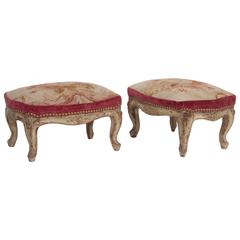 Antique Pair of French 18th Century Aubusson Tapestry Footstools