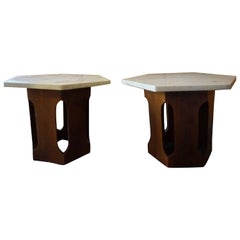 Vintage Petite Harvey Probber Style Mahogany Faux Marble End Side Tables, Mid-Cen Modern