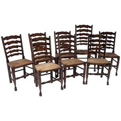 Set of Eight Antique Ladder Back Oak Dining Chairs All with Rush Seats