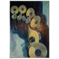 Modernistisches Ölgemälde auf Leinwand „Six Tubas“, James Miller, amerikanisch, ca. 1960-82