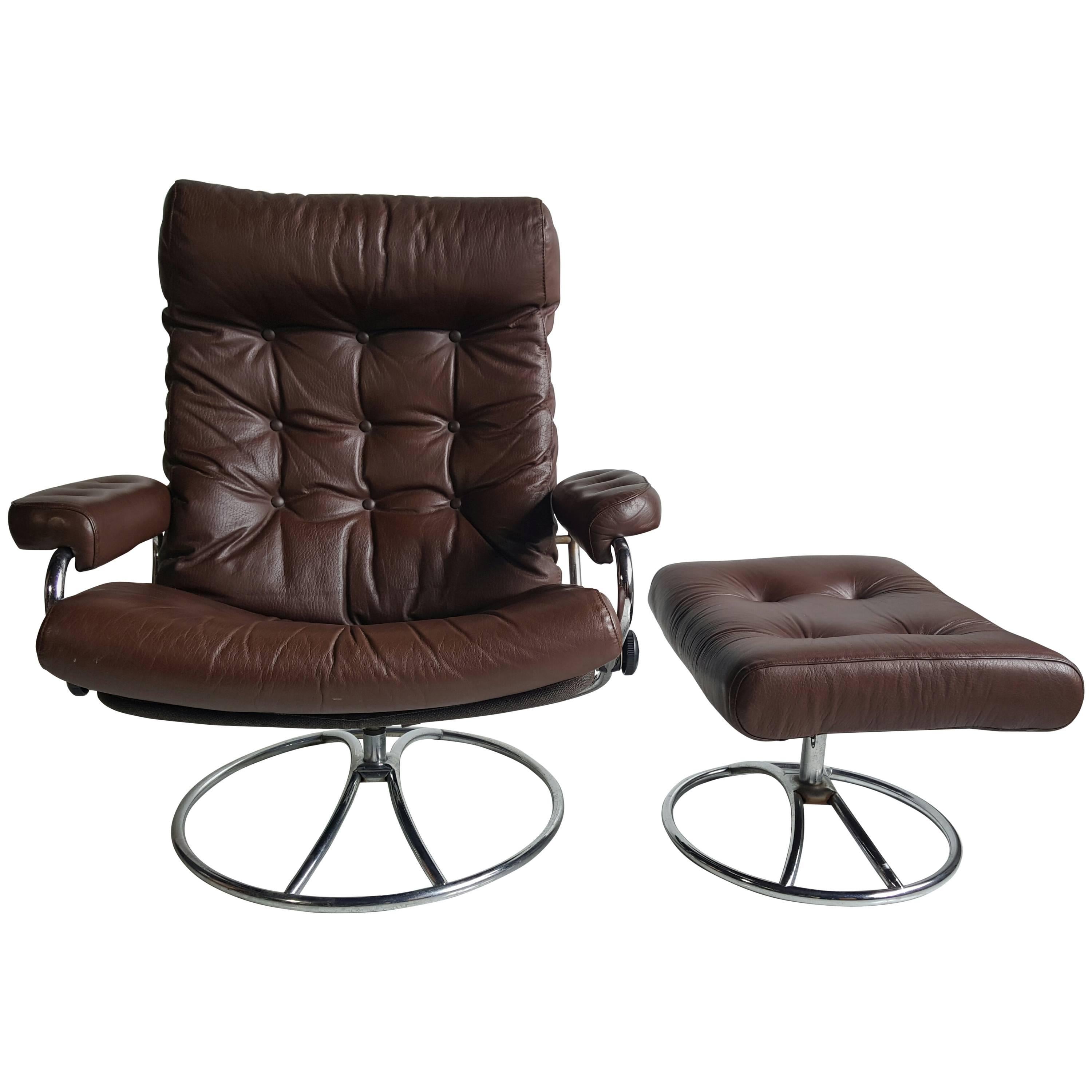 Brown Leather Ekornes Stressless Lounge with Ottoman, 1960