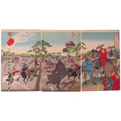 Collection of Eight Colored Woodblock Triptychs by Toyohara Chikanobu