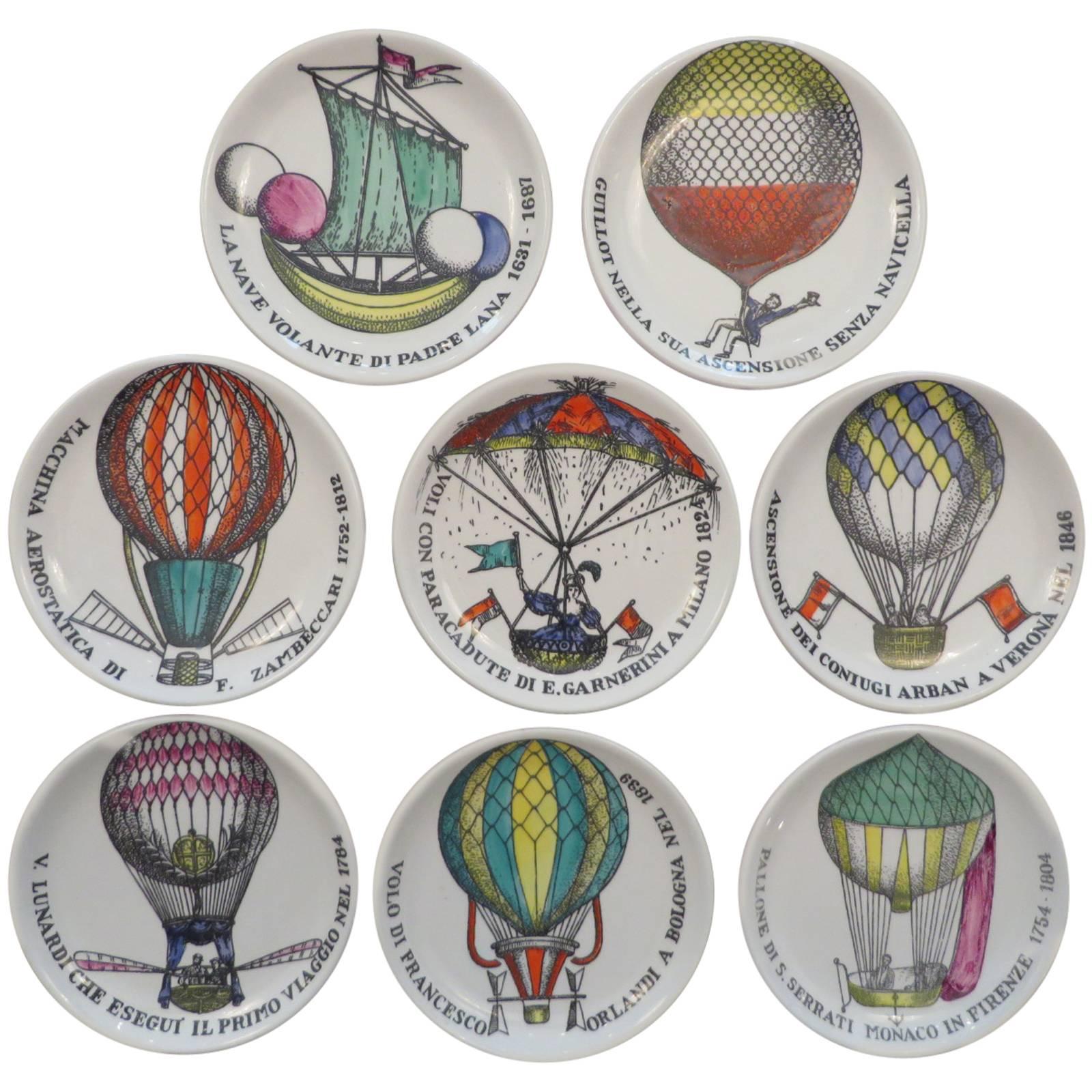 Set of Eight Colored Hot Air Balloon Motif Coasters by Piero Fornasetti For Sale