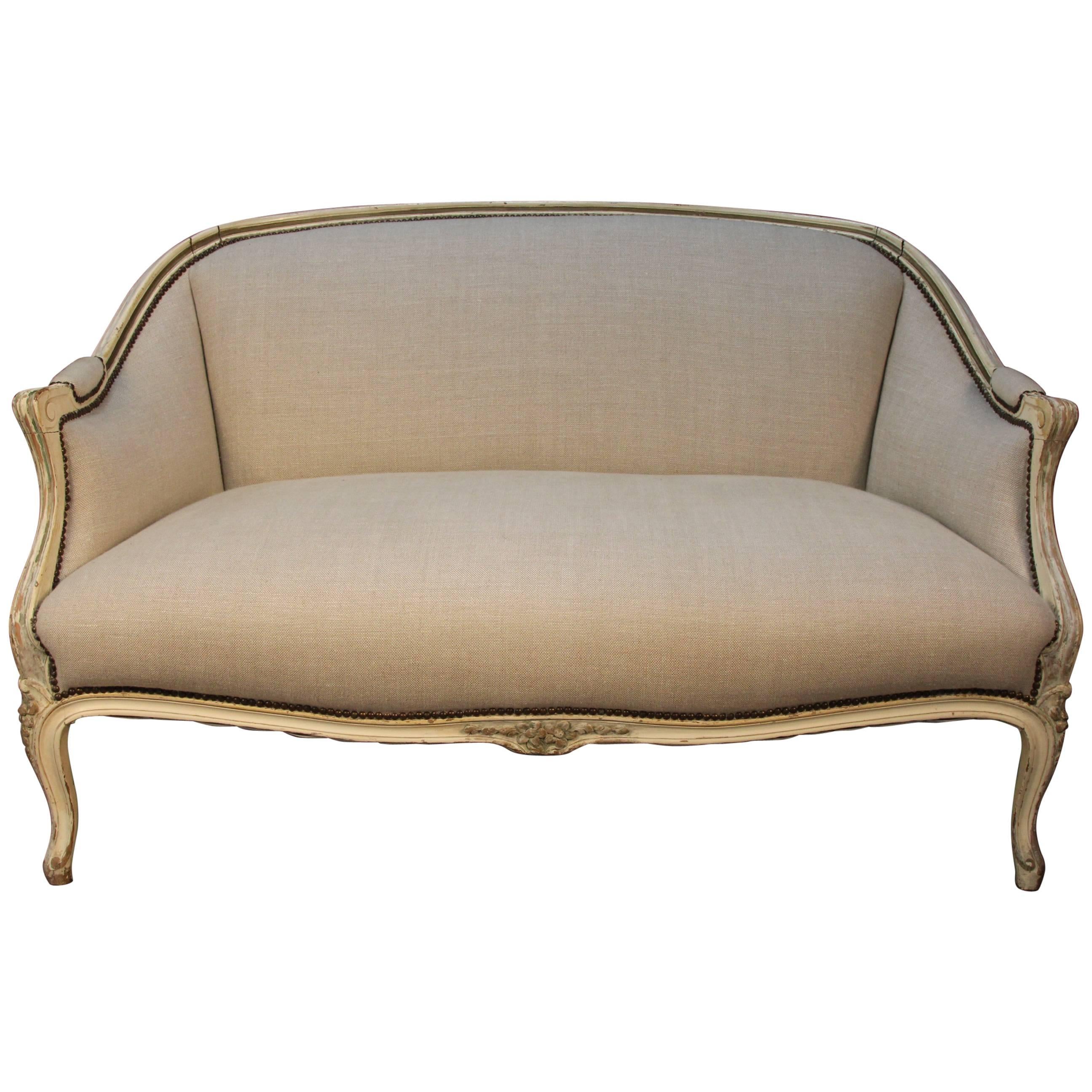 Louis XV Style French Painted Sofa or Settee in Belgian Linen For Sale