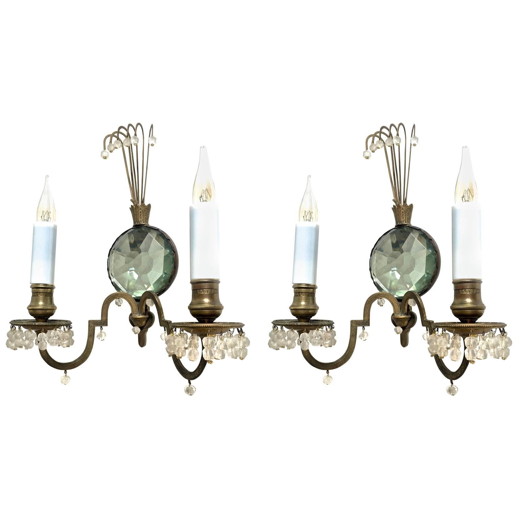 Superb Little Pair of Sconce with a Polarized Glass Center and Rock Crystal Perl For Sale