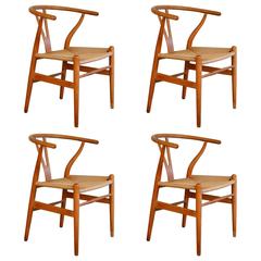 Set of Four Vintage Oak Wishbone Chairs CH24 by Hans Wenger