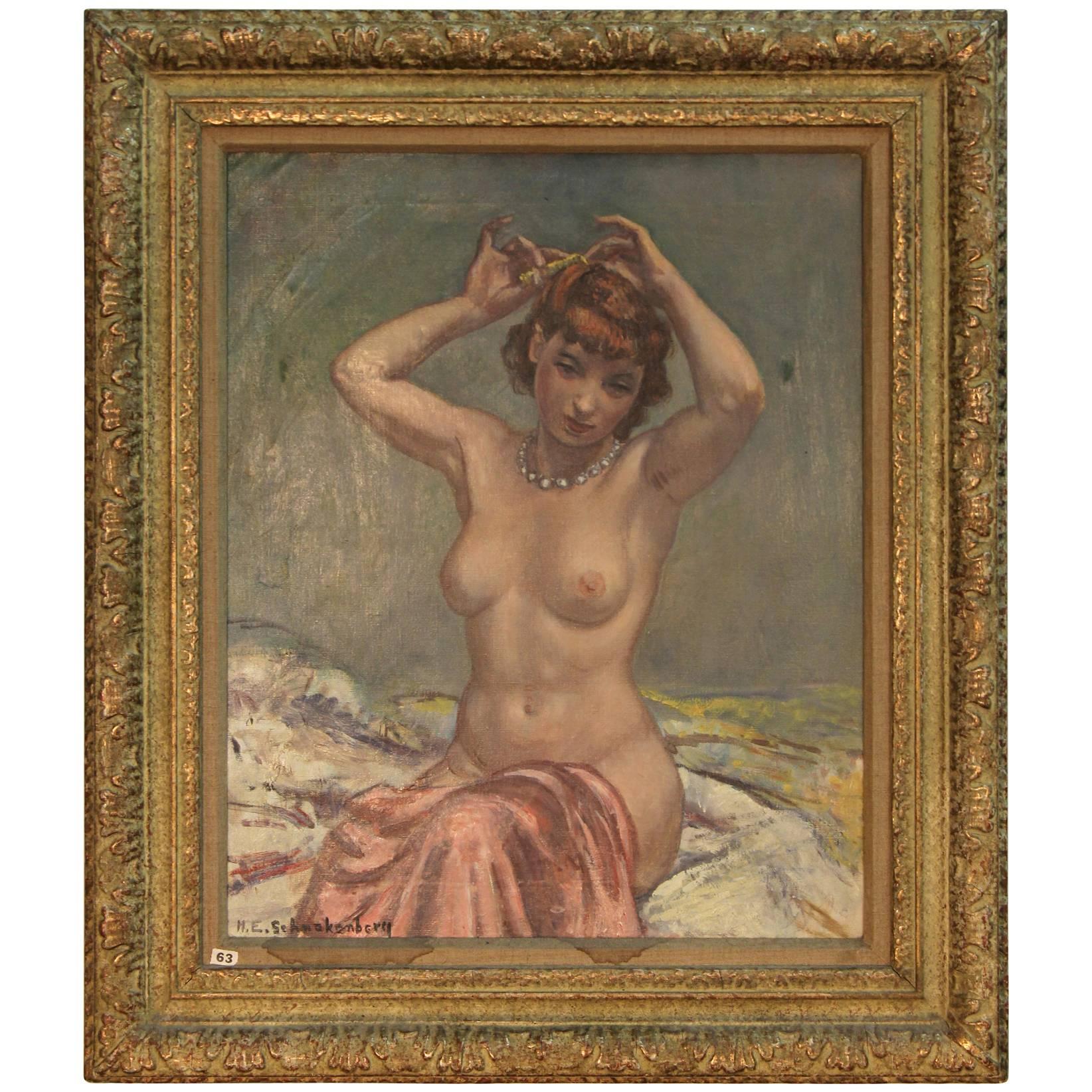 Art Deco Painting, Nude with Rose Drapery For Sale