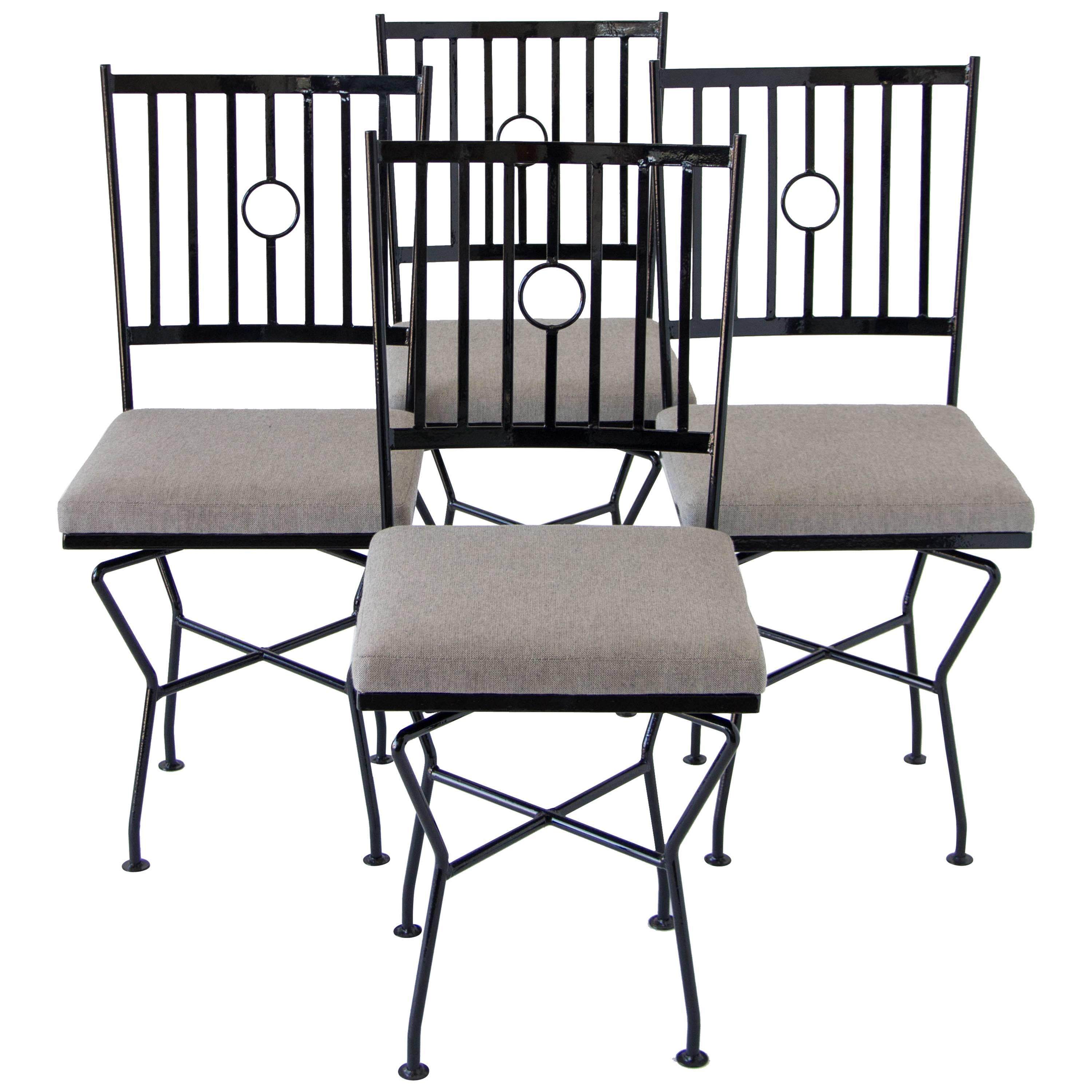 Set of Four Swivel Wrought Iron Patio Dining Chairs