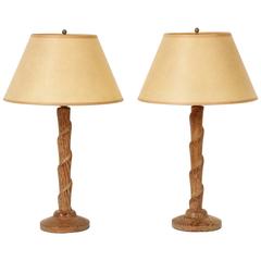 Pair of French Modernist Spirally Turned Oak Lamps, circa 1930